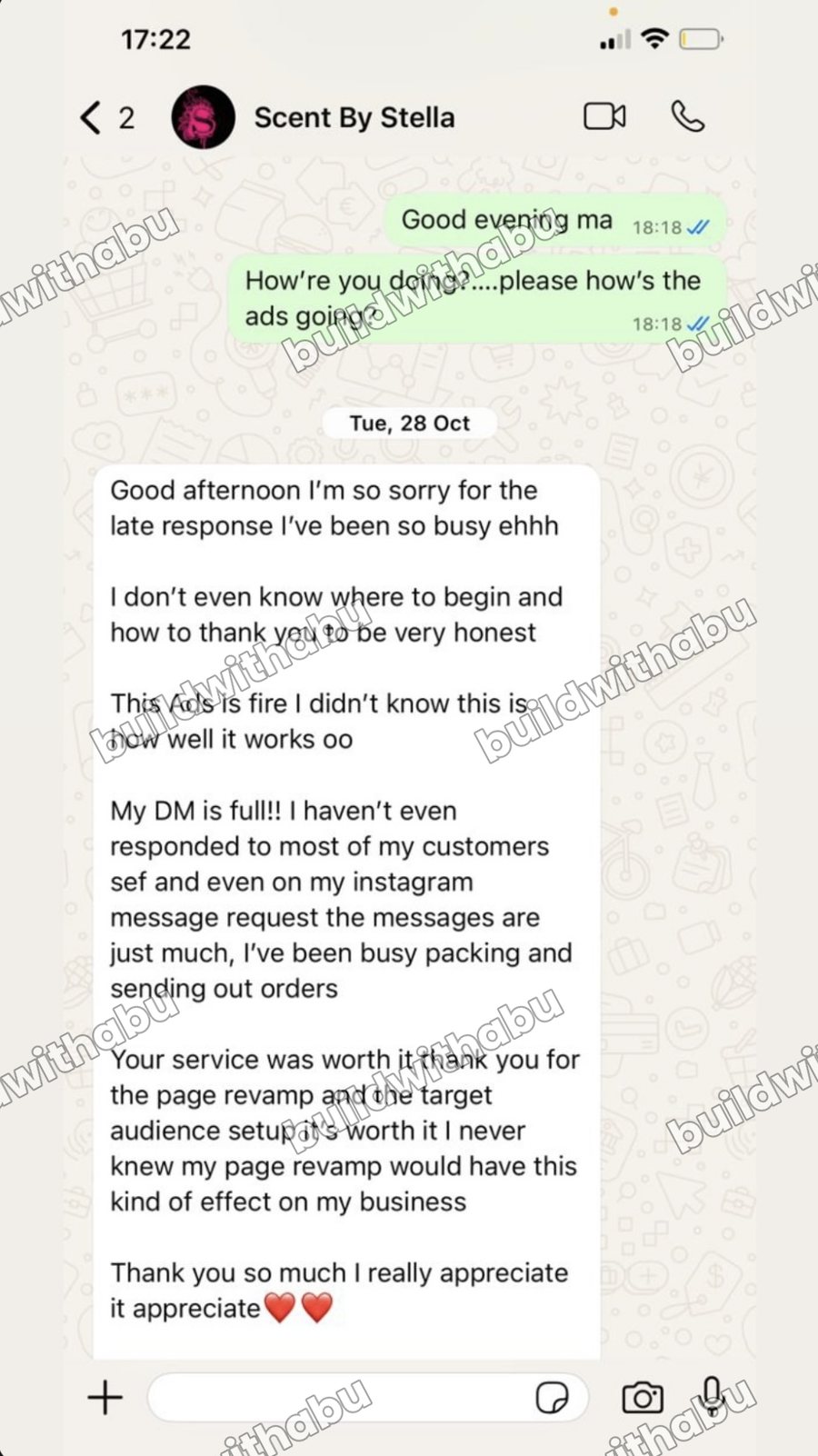 WhatsApp message from a client whose DMs filled up after her ads and page revamp